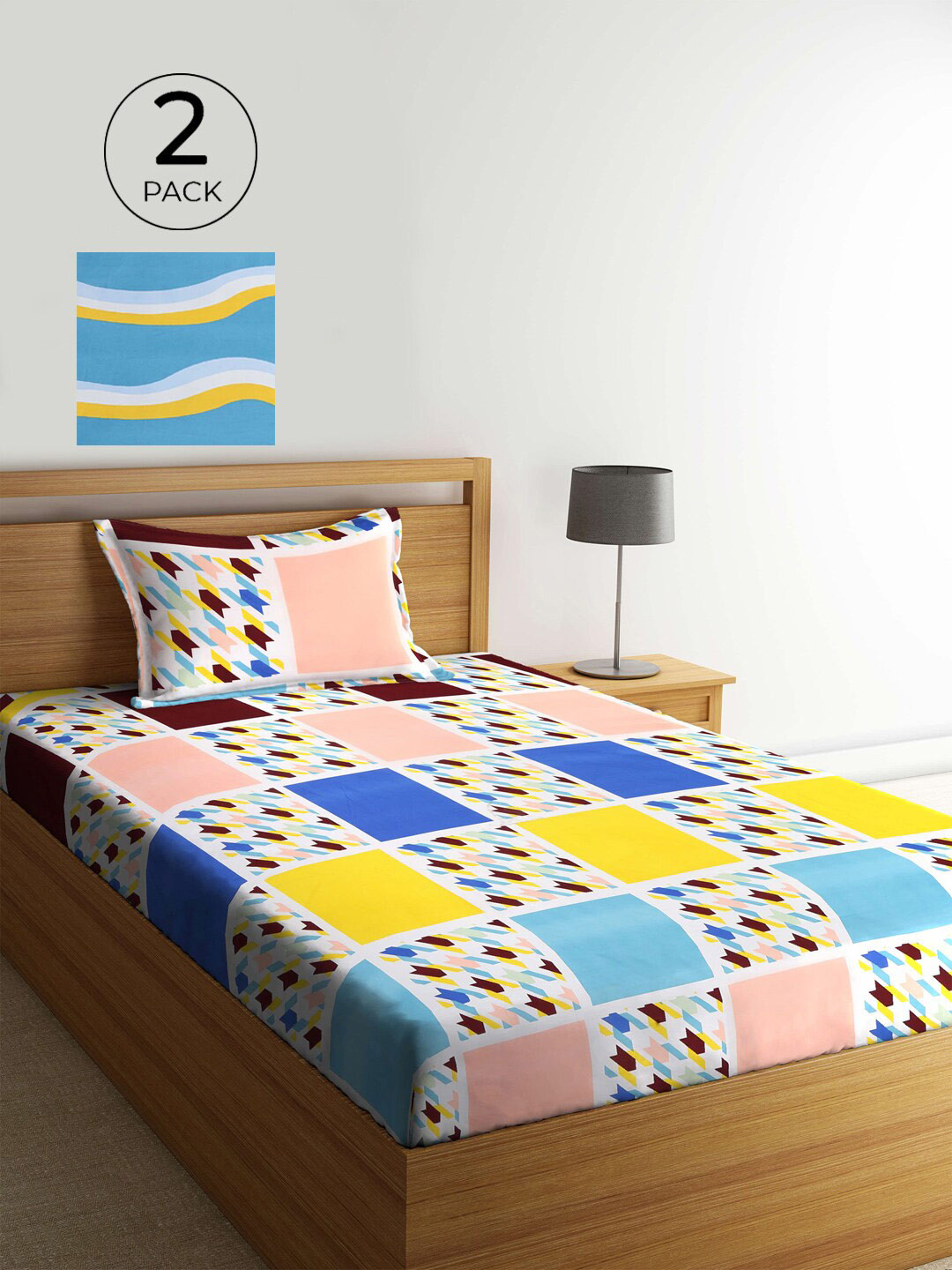 

KLOTTHE Geometric 300 TC 2 Single Bedsheet with 2 Pillow Covers, Blue