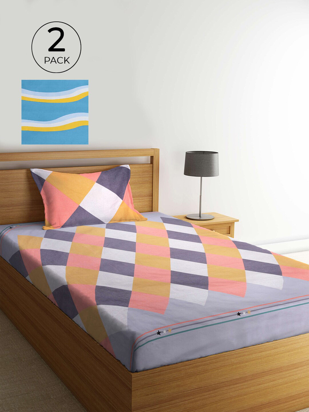 

KLOTTHE Geometric Print 300 TC Set Of 2 Single Bedsheet with 2 Pillow Covers, Blue