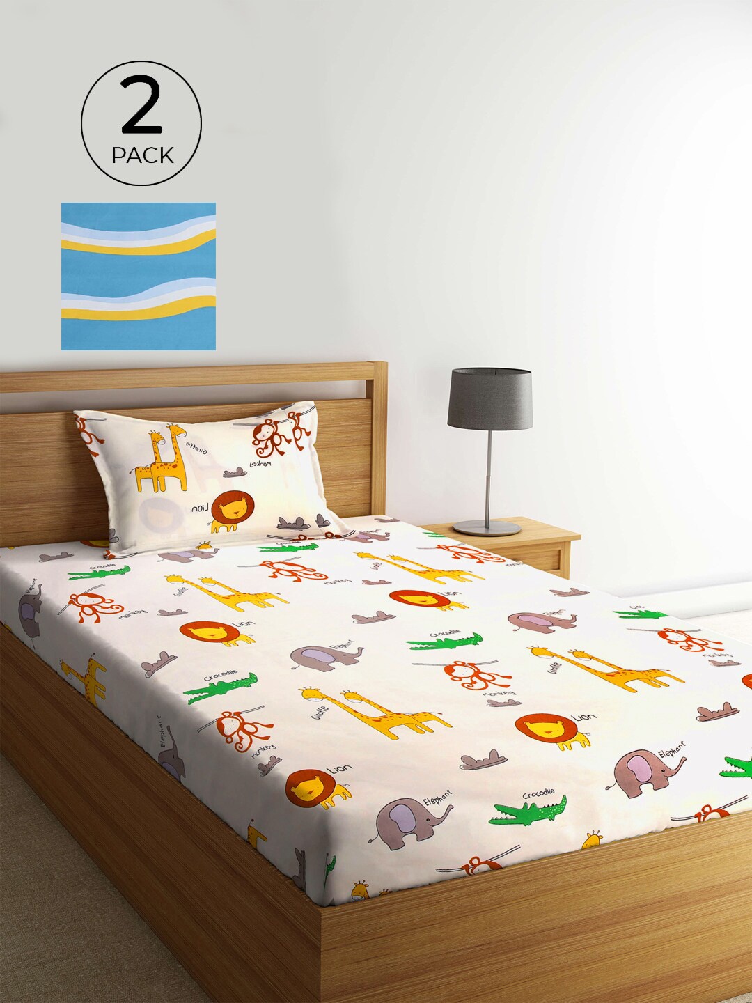 

KLOTTHE Cartoon Characters 210 TC 2 Single Bedsheet with 2 Pillow Covers, White