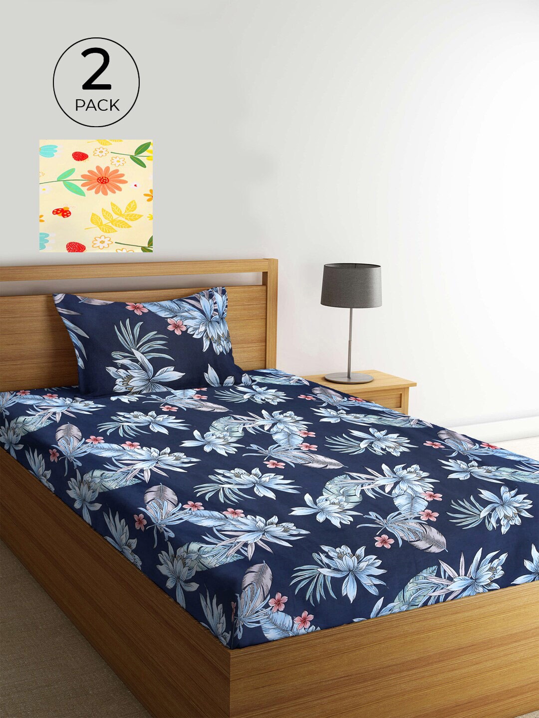 

KLOTTHE Multicoloured Floral 210 TC 2 Single Bedsheet with 2 Pillow Covers, Blue