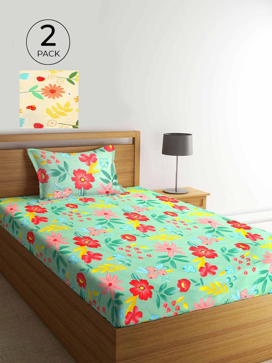 

KLOTTHE Multicoloured Floral 210 TC 2 Single Bedsheet with 2 Pillow Covers, Green