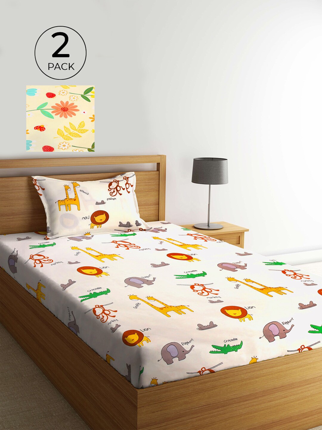 

KLOTTHE Cartoon Characters 210 TC 2 Single Bedsheet with 2 Pillow Covers, White