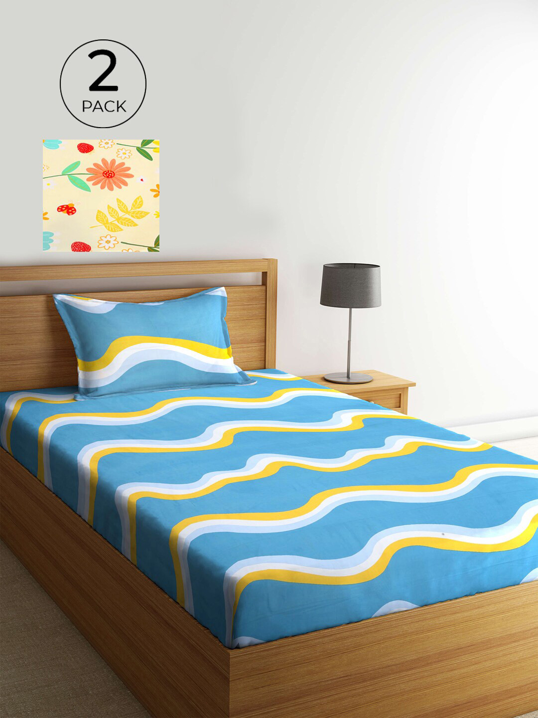 

KLOTTHE Multicoloured Floral 210 TC 2 Single Bedsheet with 2 Pillow Covers, Blue