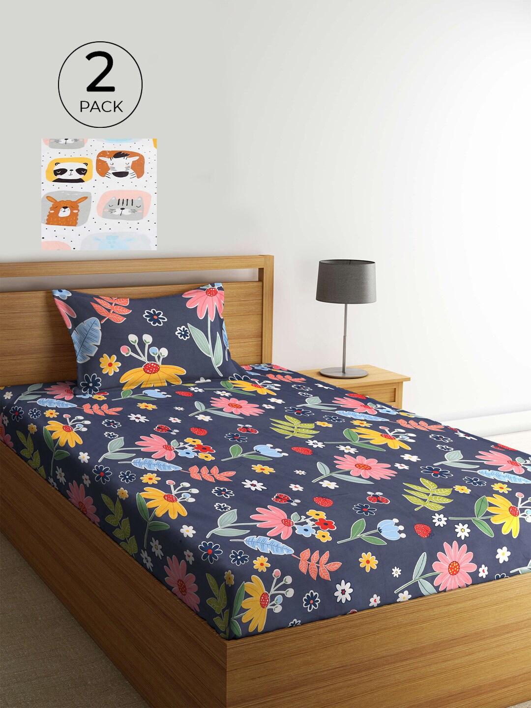 

KLOTTHE Multicoloured Floral 210 TC 2 Single Bedsheet with 2 Pillow Covers, Multi