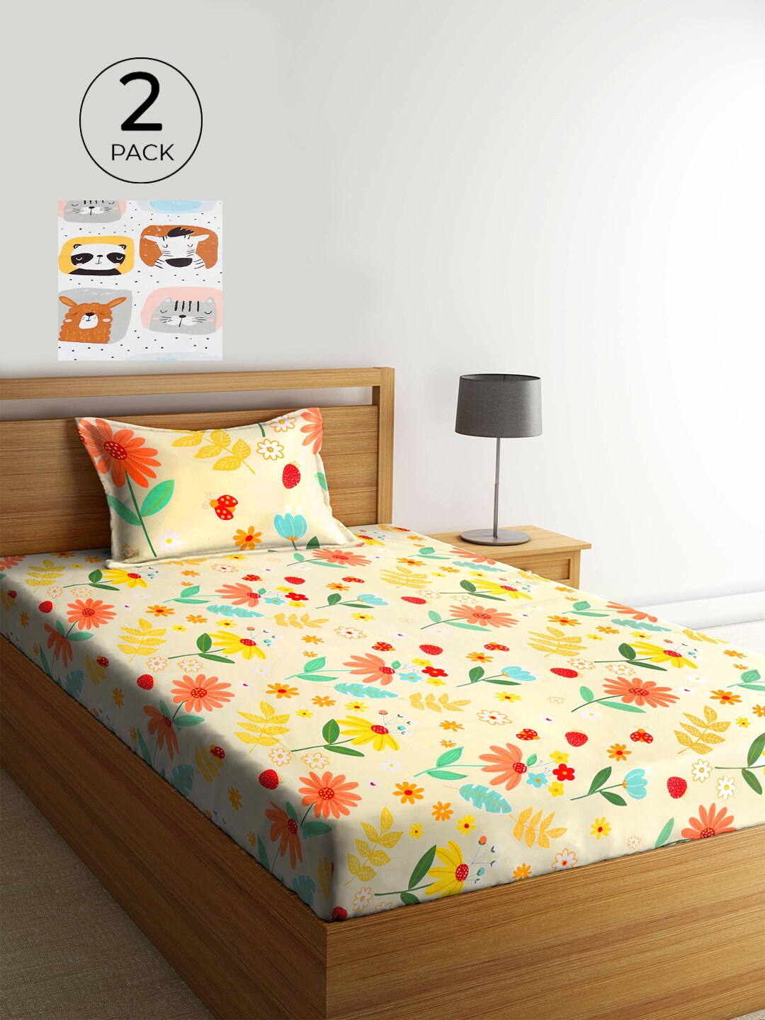 

KLOTTHE Multicoloured Floral 210 TC 2 Single Bedsheet with 2 Pillow Covers, Multi