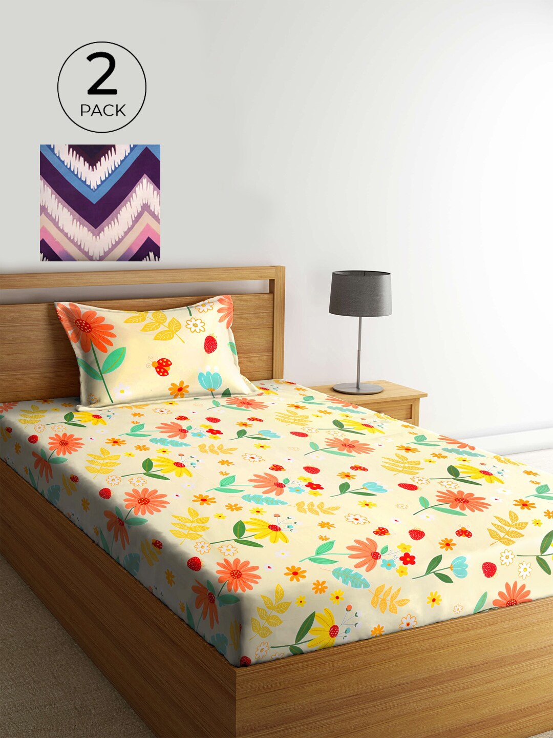 

KLOTTHE Yellow & White Floral 210 TC 2 Single Bedsheet with 2 Pillow Covers
