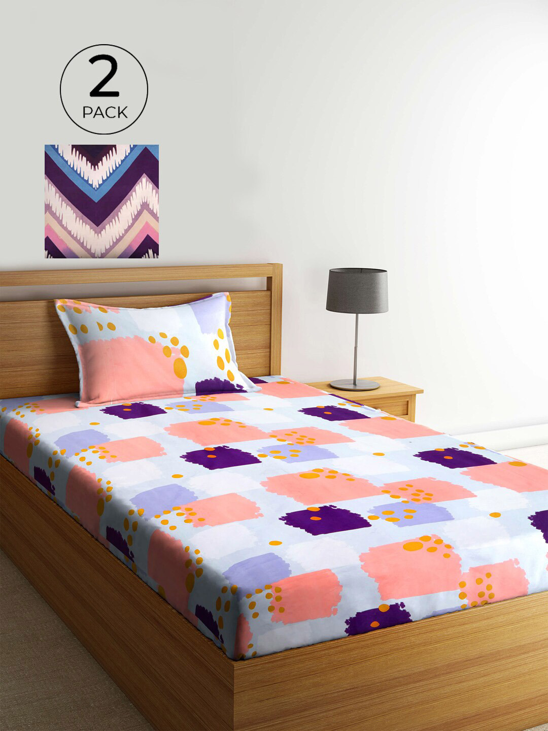 

KLOTTHE Peach-Coloured & White Geometric 210 TC 2 Single Bedsheet with 2 Pillow Covers