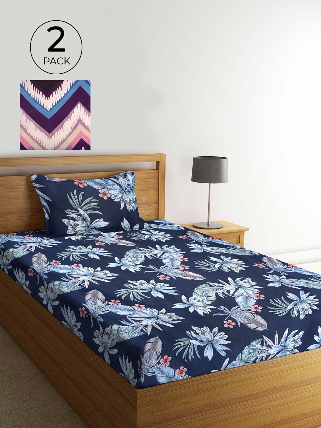 

KLOTTHE Navy Blue & White Floral 210 TC 2 Single Bedsheet with 2 Pillow Covers