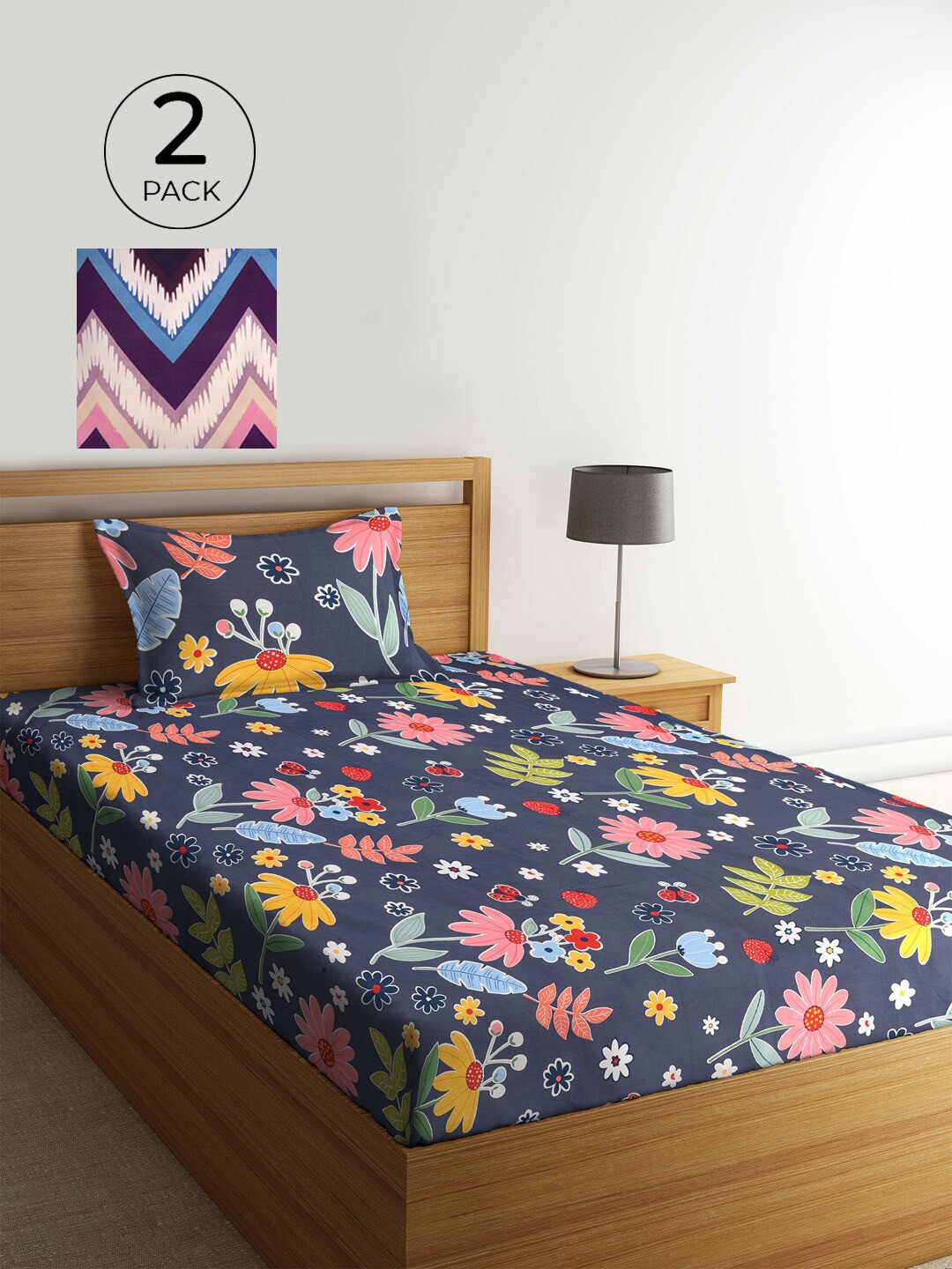 

KLOTTHE Navy Blue & White Floral 210 TC 2 Single Bedsheet with 2 Pillow Covers