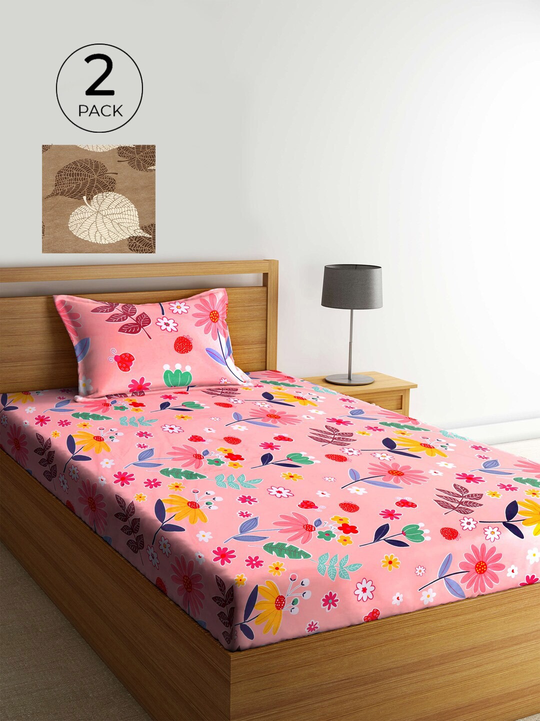 

KLOTTHE Pink & Brown Floral 210 TC 2 Single Bedsheet with 2 Pillow Covers