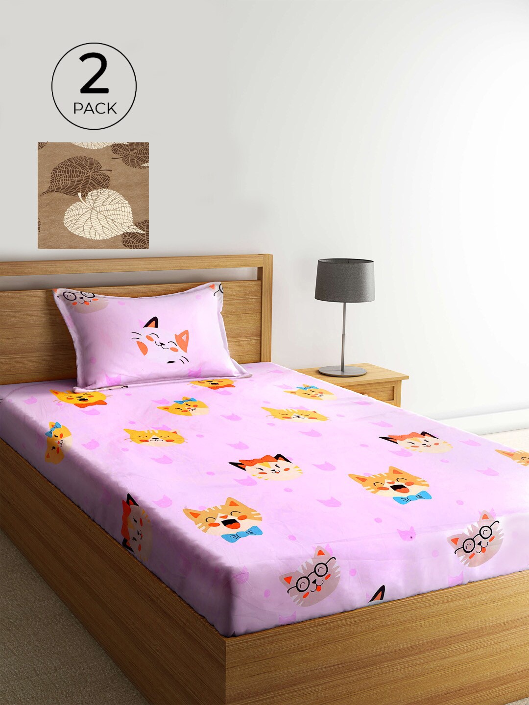 

KLOTTHE Pink & Brown Cartoon Characters 210 TC 2 Single Bedsheet with 2 Pillow Covers