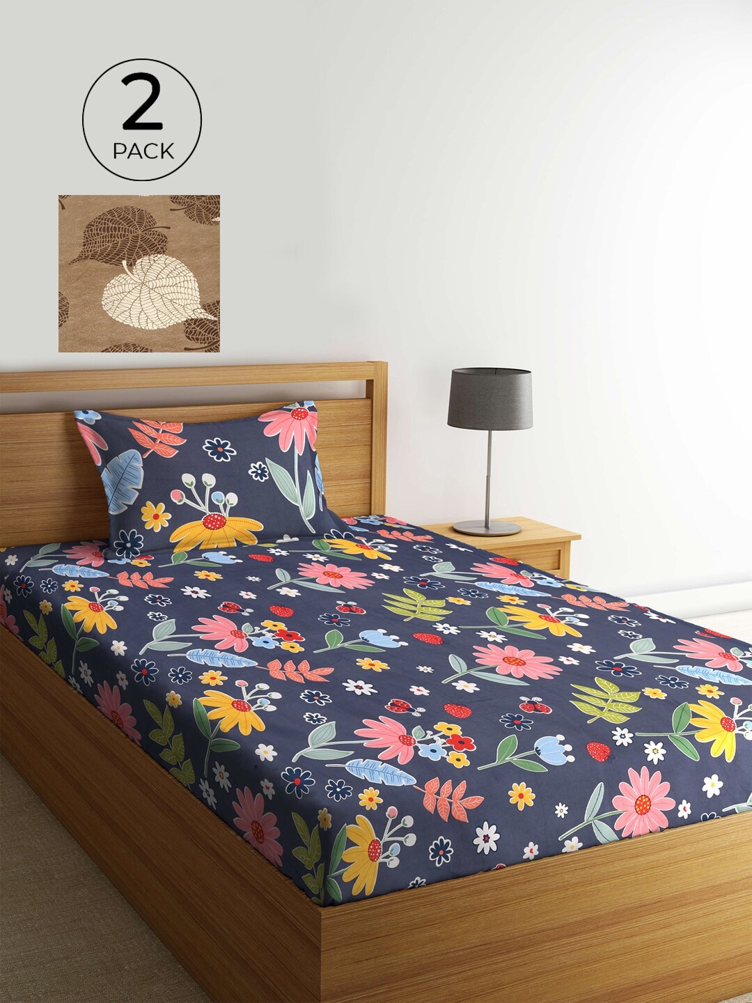 

KLOTTHE Navy Blue & Brown Floral 210 TC 2 Single Bedsheet with 2 Pillow Covers