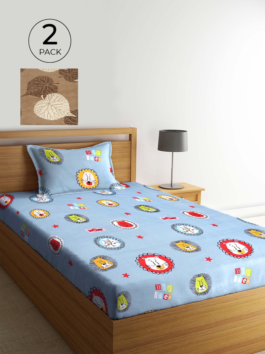

KLOTTHE Blue & Brown Conversational 210 TC 2 Single Bedsheet with 2 Pillow Covers