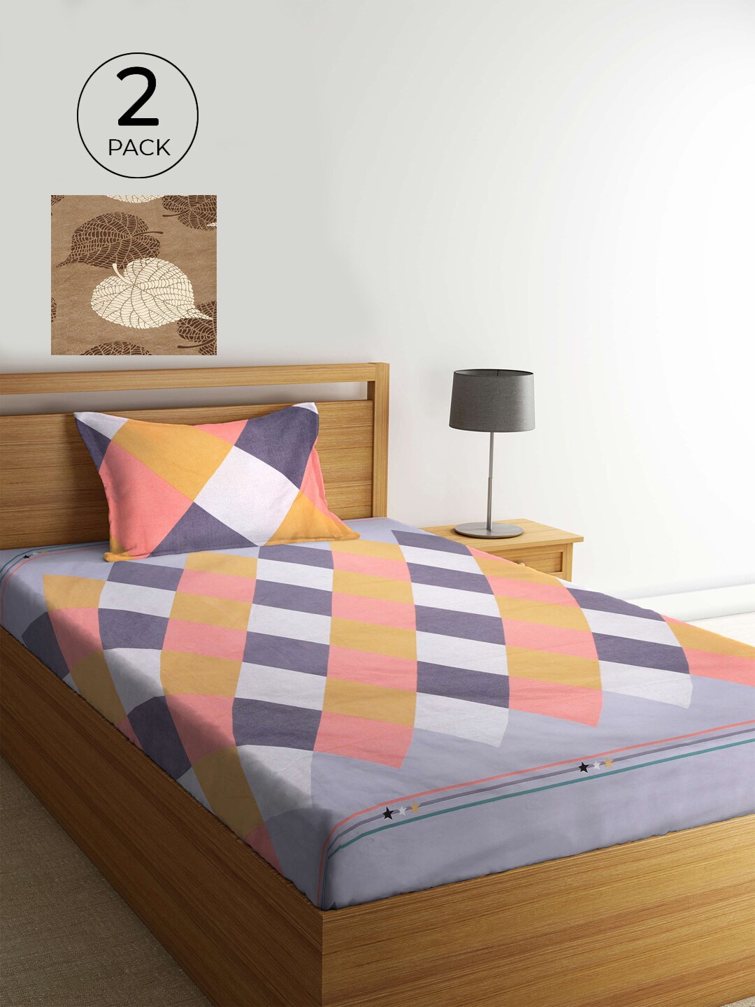 

KLOTTHE Geometric Print 300 TC Set Of 2 Single Bedsheet with 2 Pillow Covers, Grey