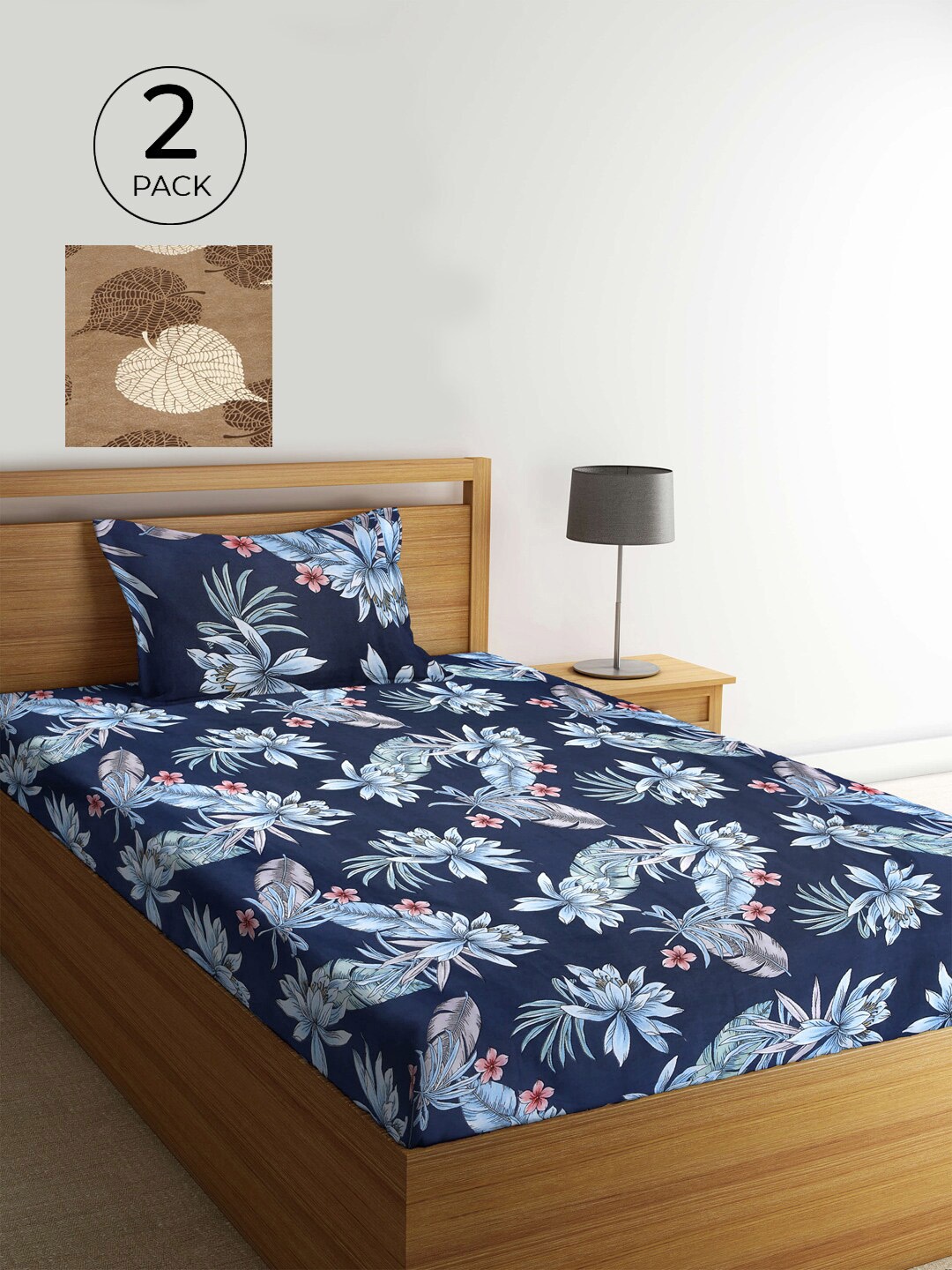 

KLOTTHE Navy Blue & Brown Floral 210 TC 2 Single Bedsheet with 2 Pillow Covers