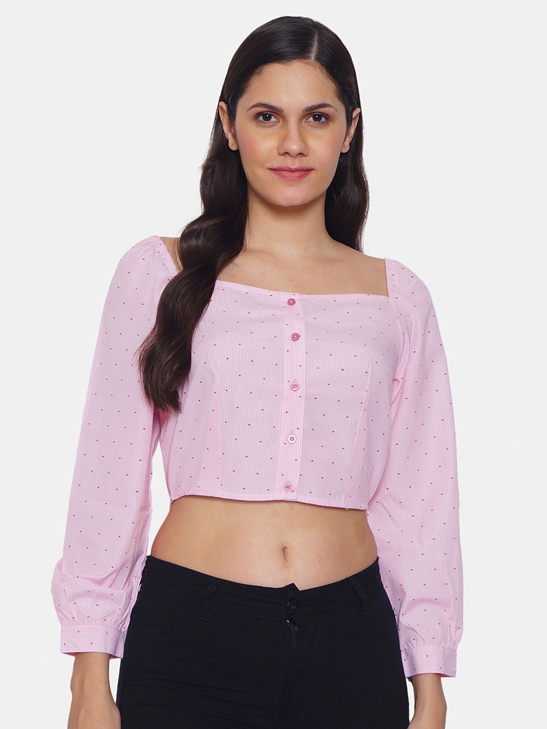 

IX IMPRESSION Pink Pure Cotton Striped Regular Crop Top