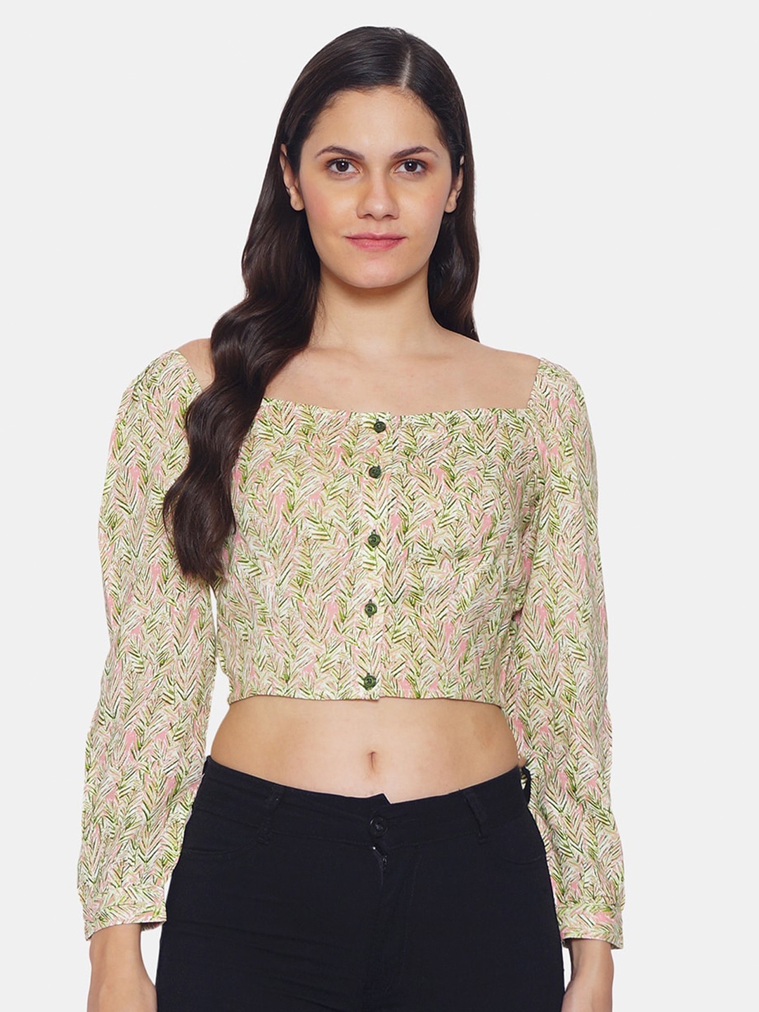 

IX IMPRESSION Green Floral Printed Regular Crop Top