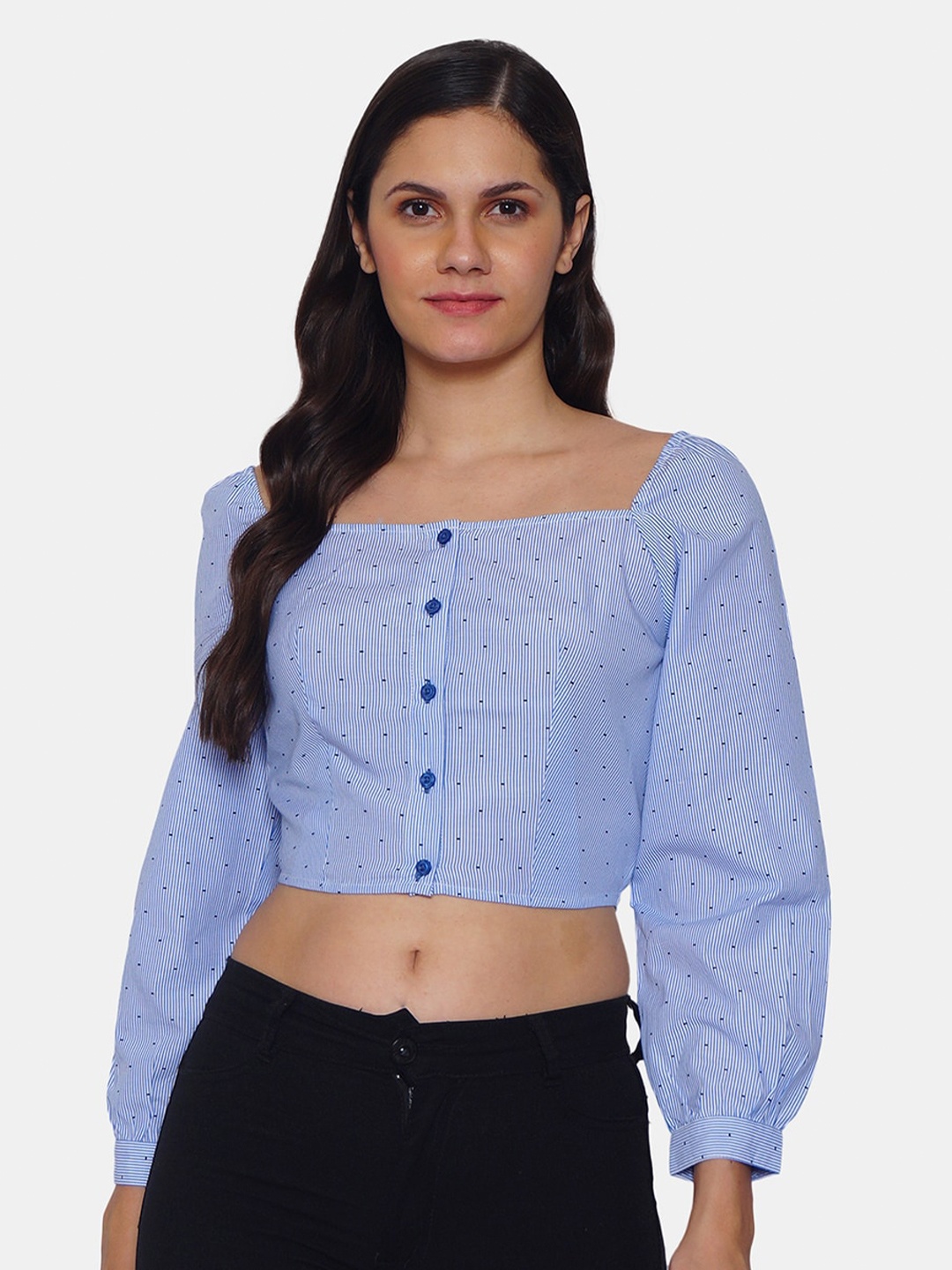 

IX IMPRESSION Blue Striped Bell Sleeves Pure Cotton Regular Crop Top