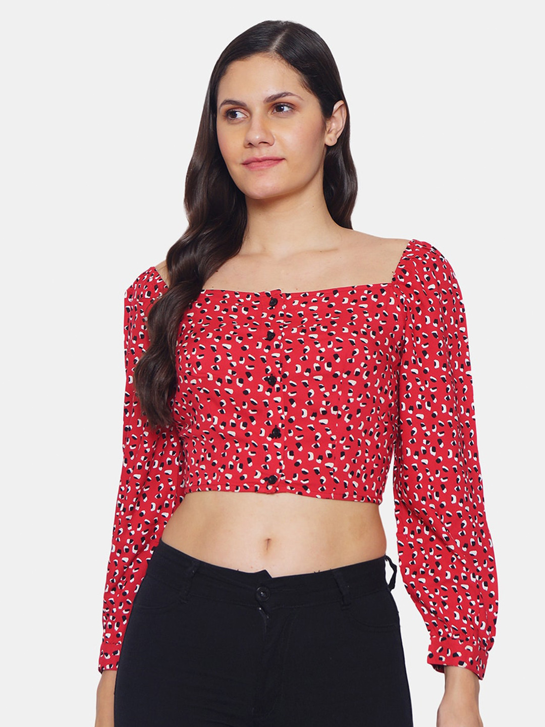 

IX IMPRESSION Red & Black Printed Regular Crop Top