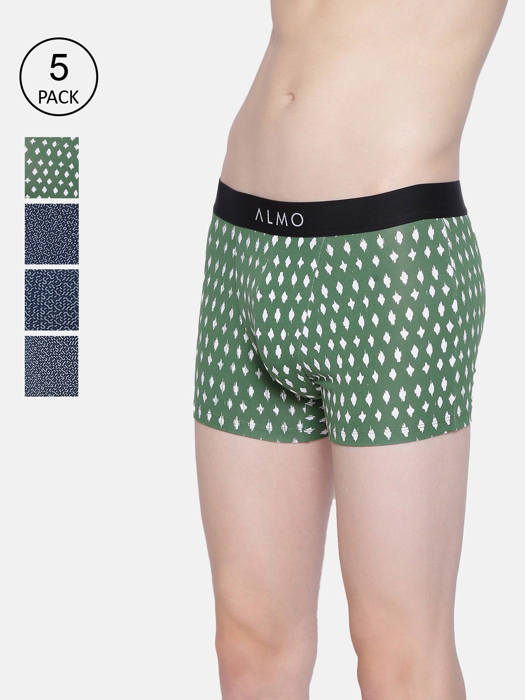 

Almo Wear Men Pack Of 5 Printed Slim-Fit Organic Cotton Trunks AM-OC-T-DGDGBLBLBL, Green