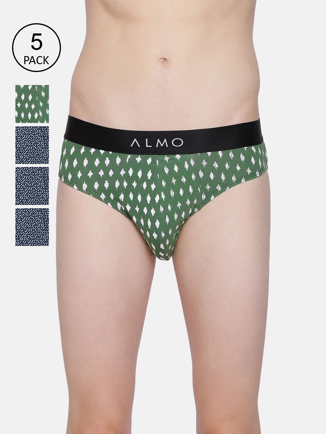 

Almo Wear Men Pack Of 5 Printed Slim-Fit Organic Cotton Basic Briefs, Green