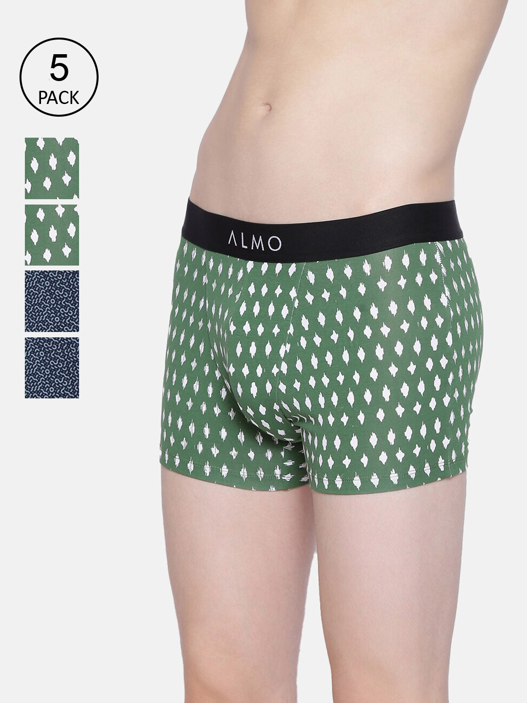 

Almo Wear Men Pack Of 5 Printed Organic Cotton Trunks AM-OC-T-DGDGDGBLBL, Green