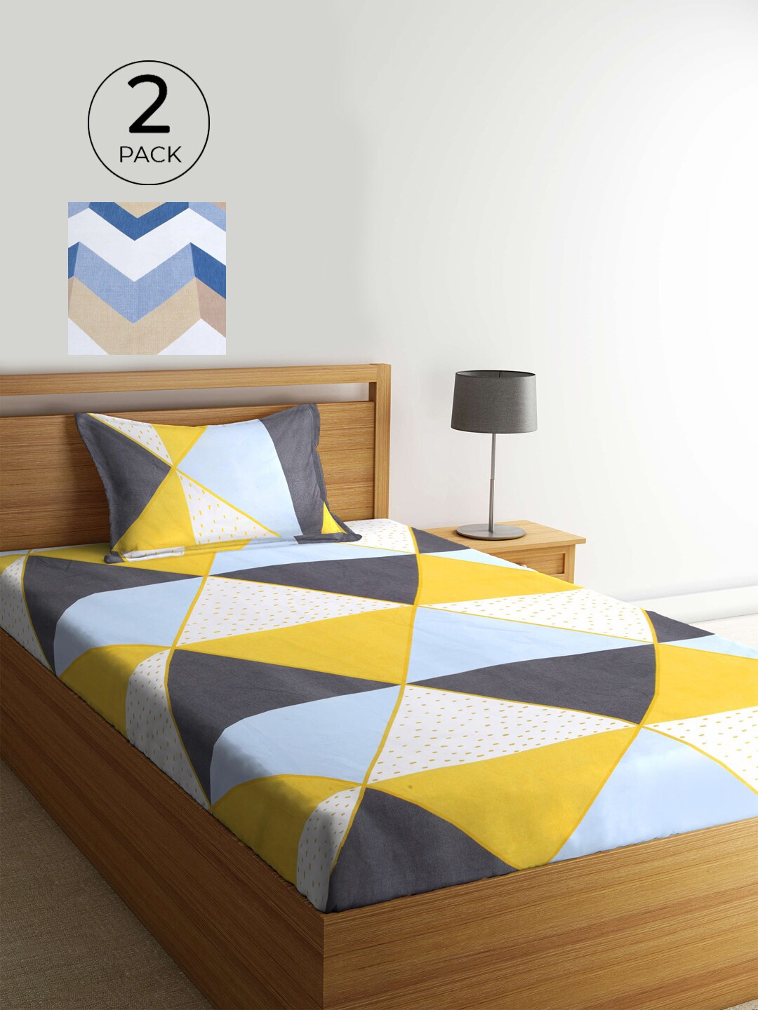 

KLOTTHE White & Yellow Geometric 210 TC 2 Single Bedsheet with 2 Pillow Covers