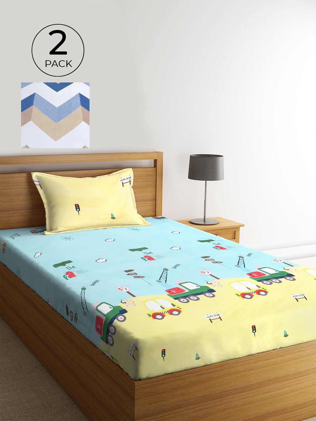 

KLOTTHE Turquoise Blue & White Cartoon Characters 210 TC 2 Single Bedsheet with 2 Pillow Covers