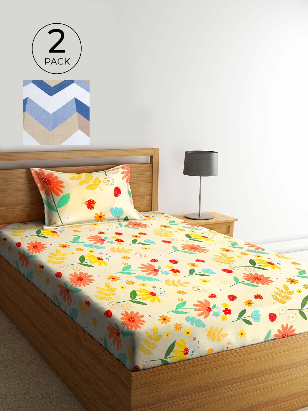 

KLOTTHE Yellow & White Floral 210 TC 2 Single Bedsheet with 2 Pillow Covers