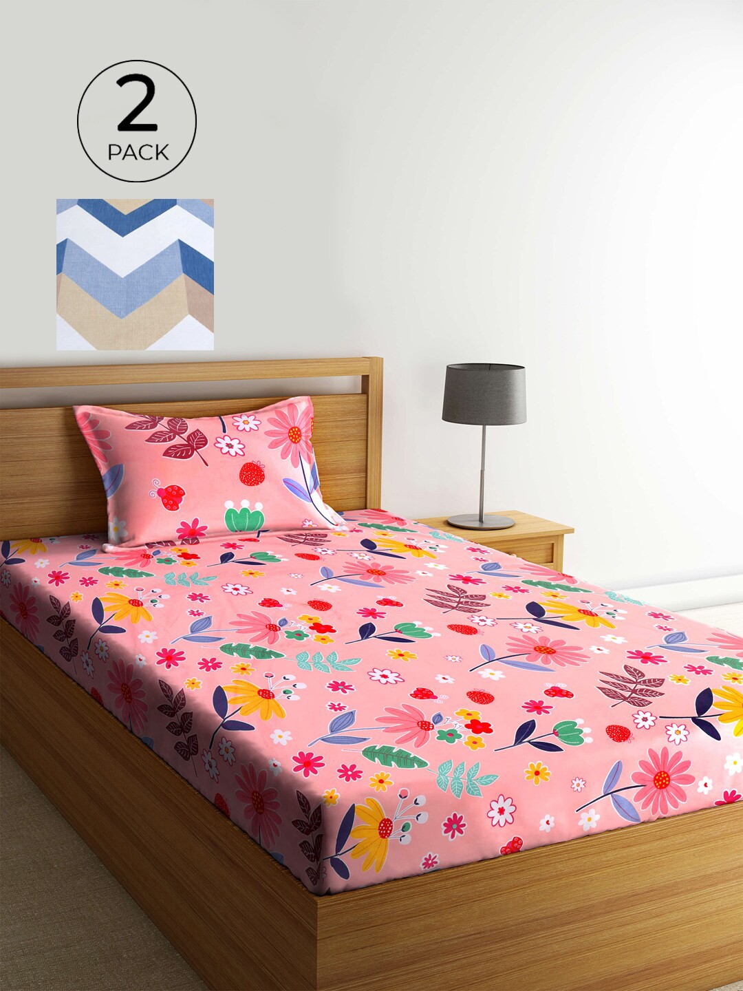 

KLOTTHE Peach-Coloured & White Floral 210 TC 2 Single Bedsheet with 2 Pillow Covers