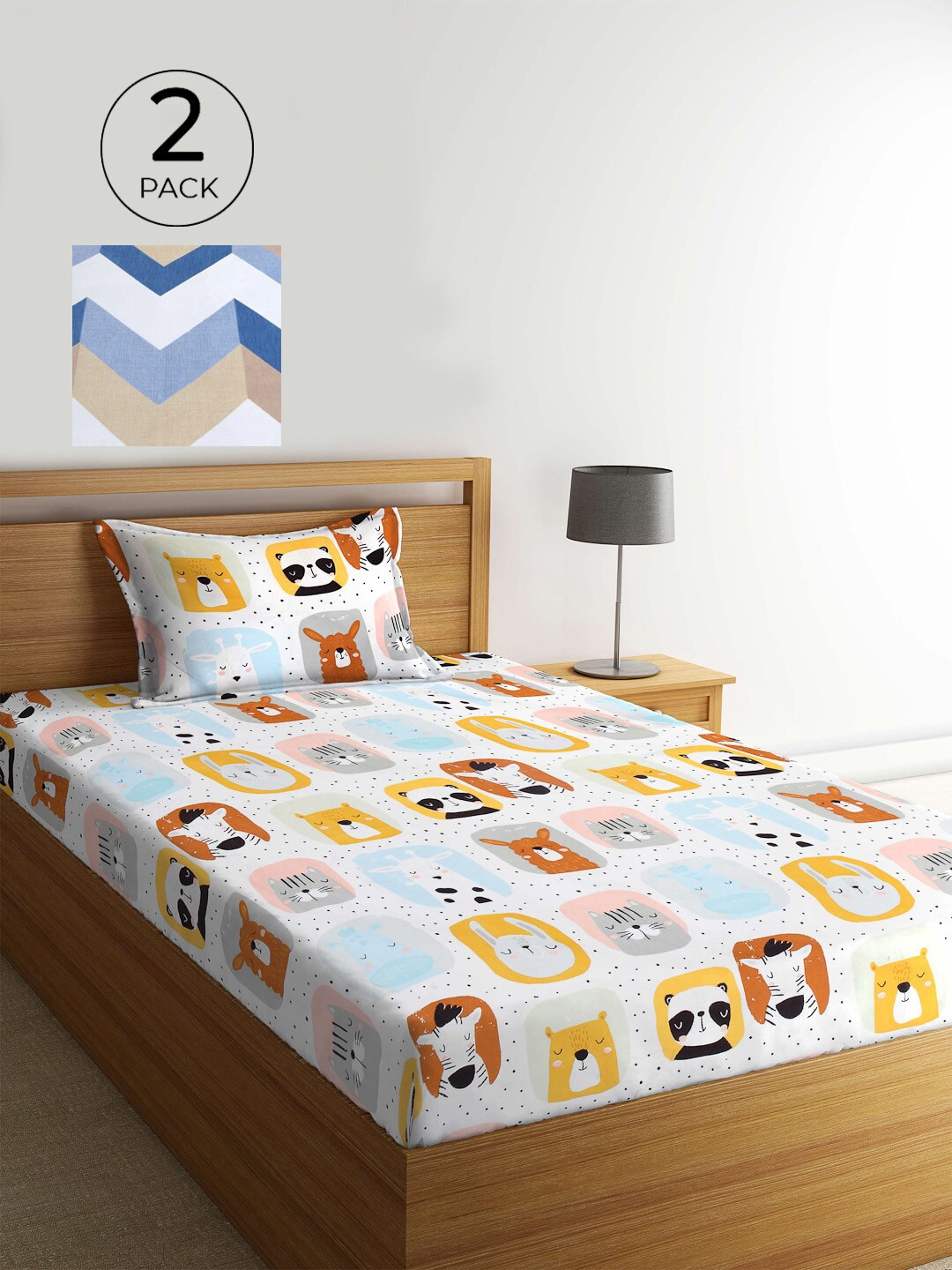

KLOTTHE Blue & White Cartoon Characters 210 TC 2 Single Bedsheets with 2 Pillow Covers