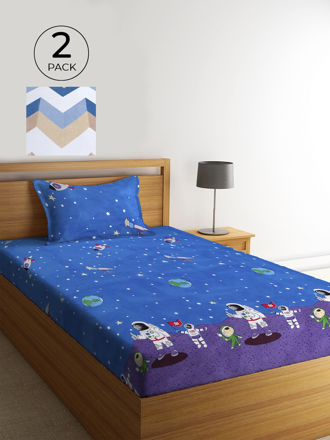 

KLOTTHE Blue & White Cartoon Characters 210 TC 2 Single Bedsheets with 2 Pillow Covers