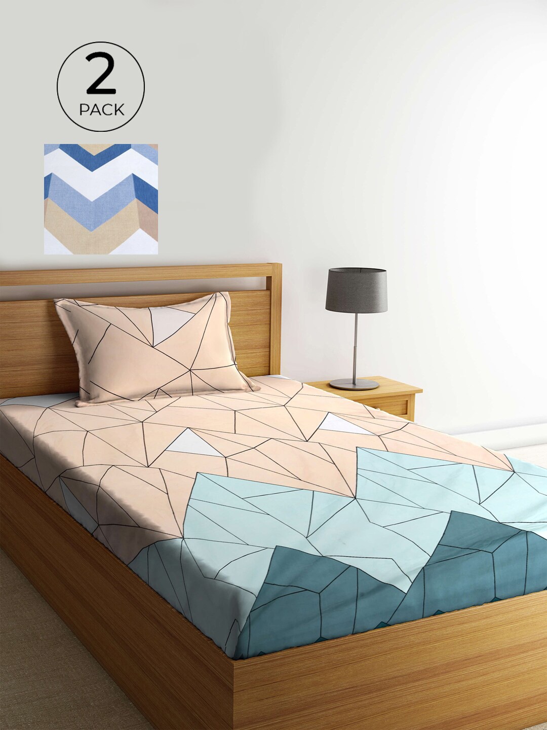 

KLOTTHE White & Peach-Coloured Geometric 210 TC 2 Single Bedsheets with 2 Pillow Covers