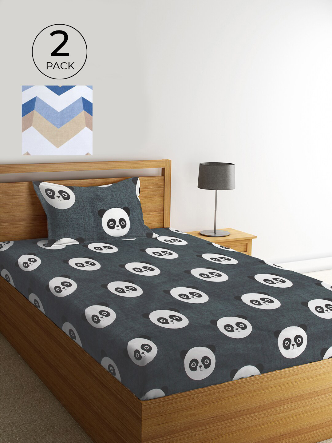 

KLOTTHE Grey & White Panda Print 210 TC 2 Single Bedsheets with 2 Pillow Covers