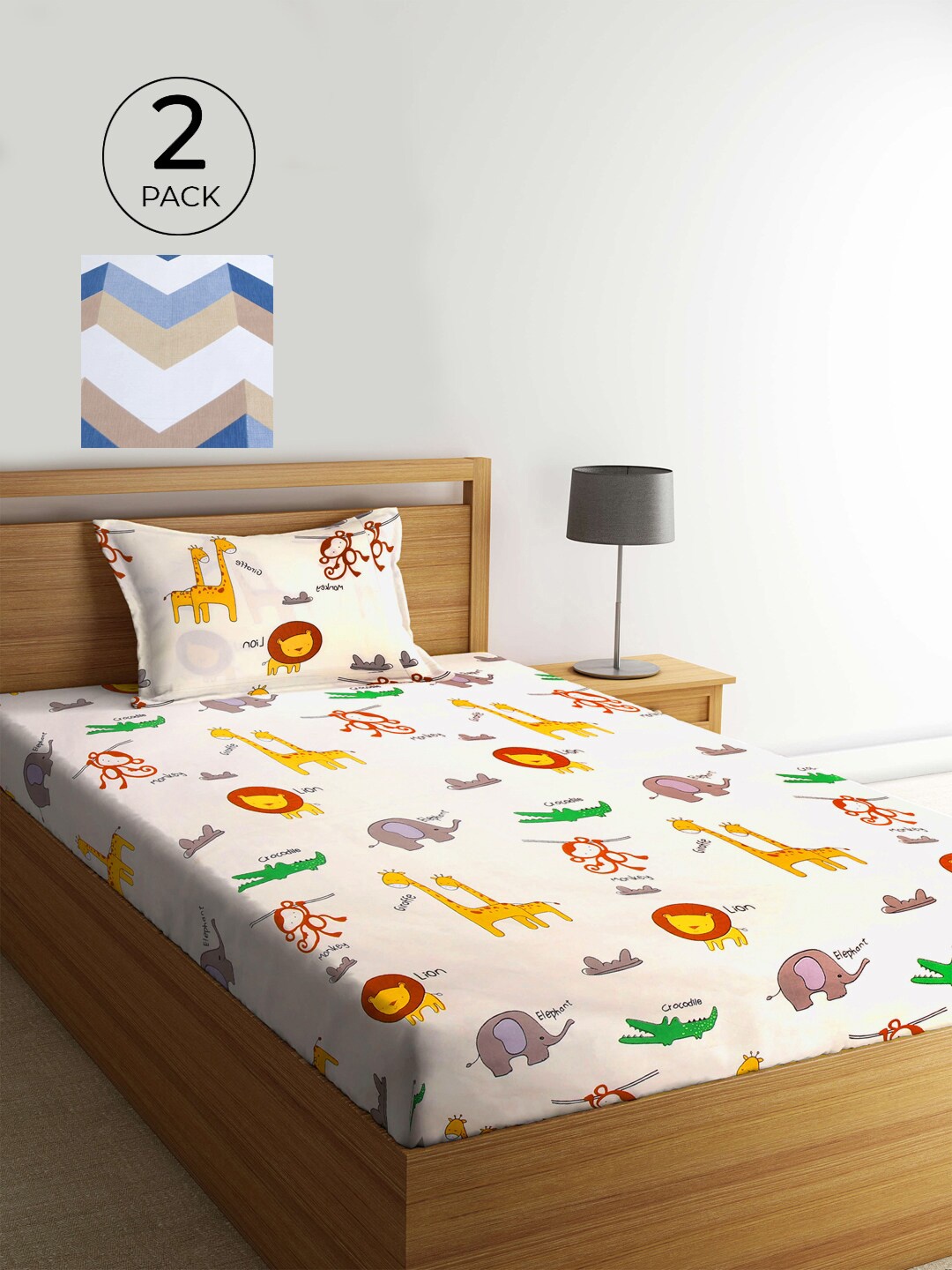 

KLOTTHE Beige & White Cartoon Characters 210 TC 2 Single Bedsheets with 2 Pillow Covers