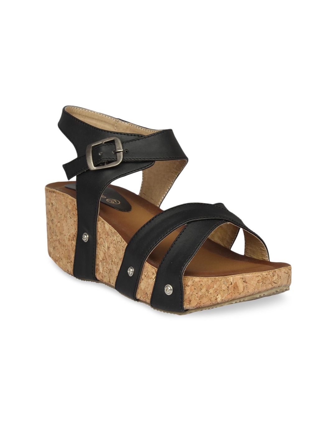 

pelle albero Black Wedge Sandals with Buckles