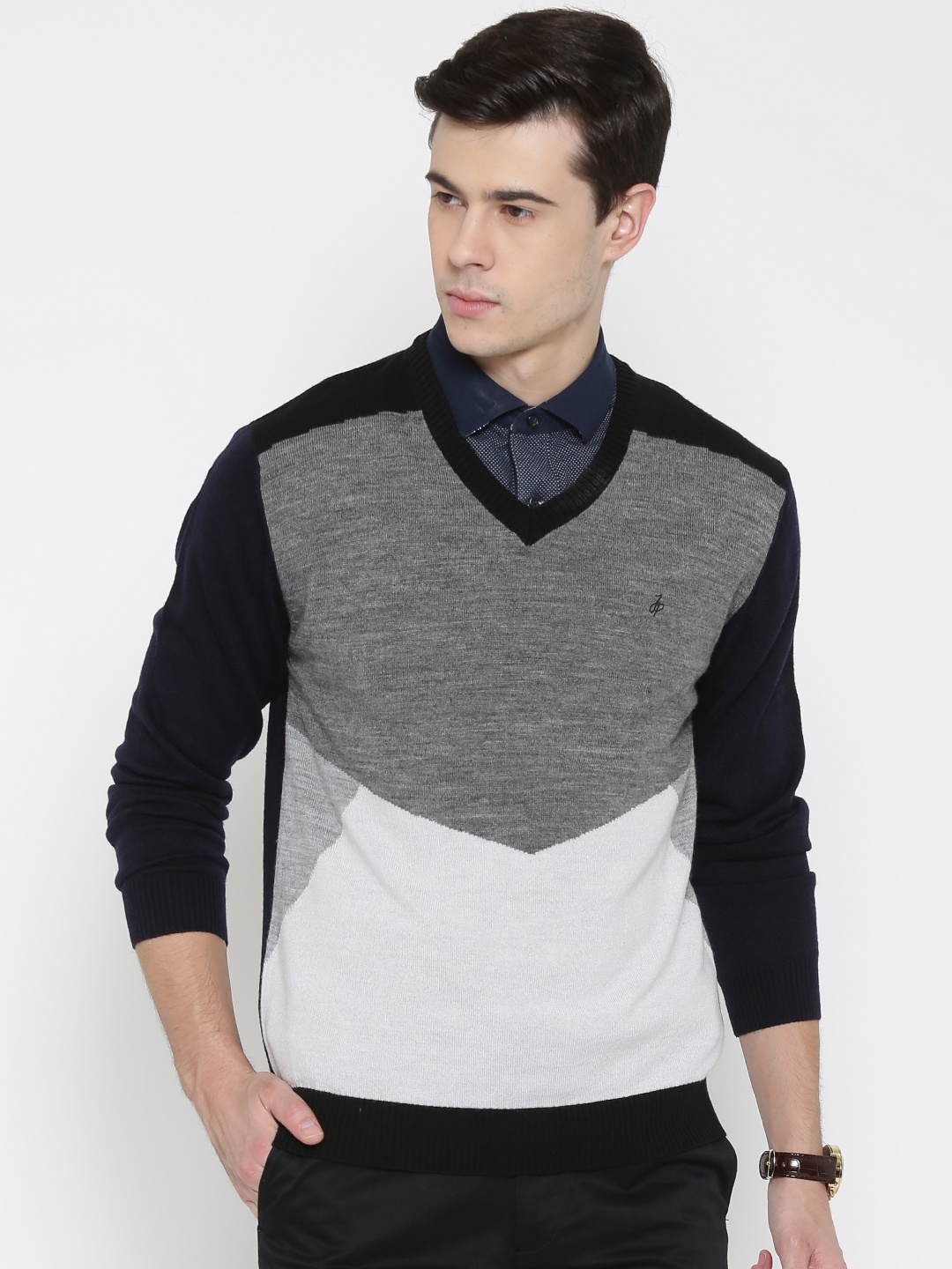 

John Players Men Grey Melange Colourblocked Sweater
