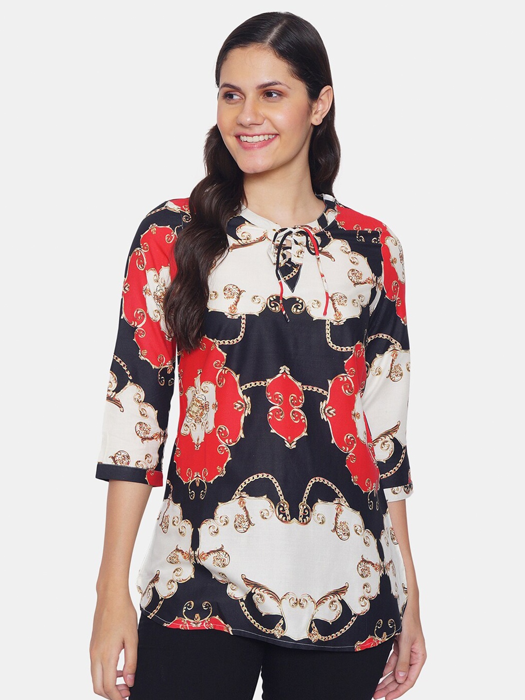 

IX IMPRESSION Black & Red Floral Tie-Up Neck Regular Top