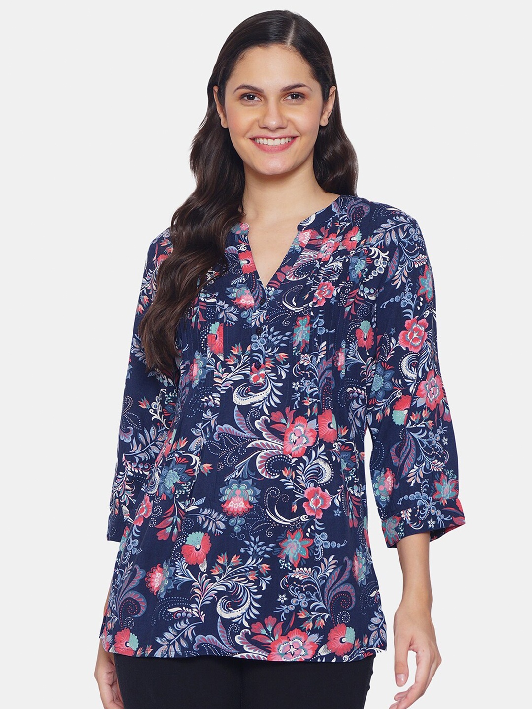 

IX IMPRESSION Navy Blue Floral Mandarin Collar Crepe Regular Top