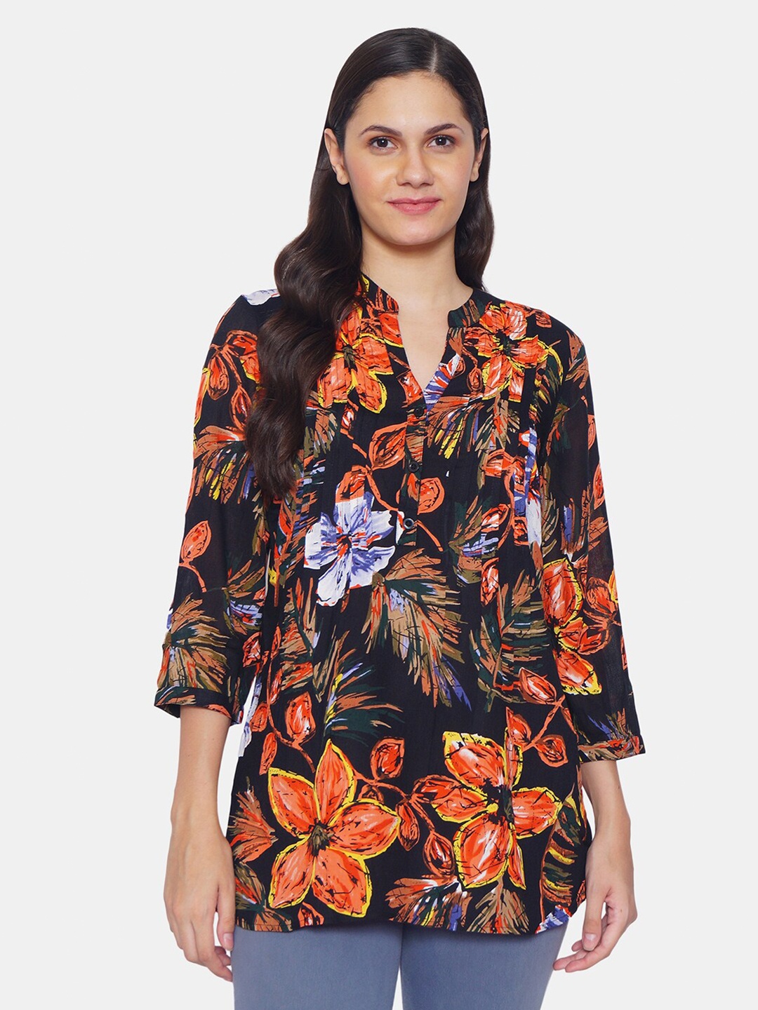 

IX IMPRESSION Black Floral Mandarin Collar Crepe Regular Top