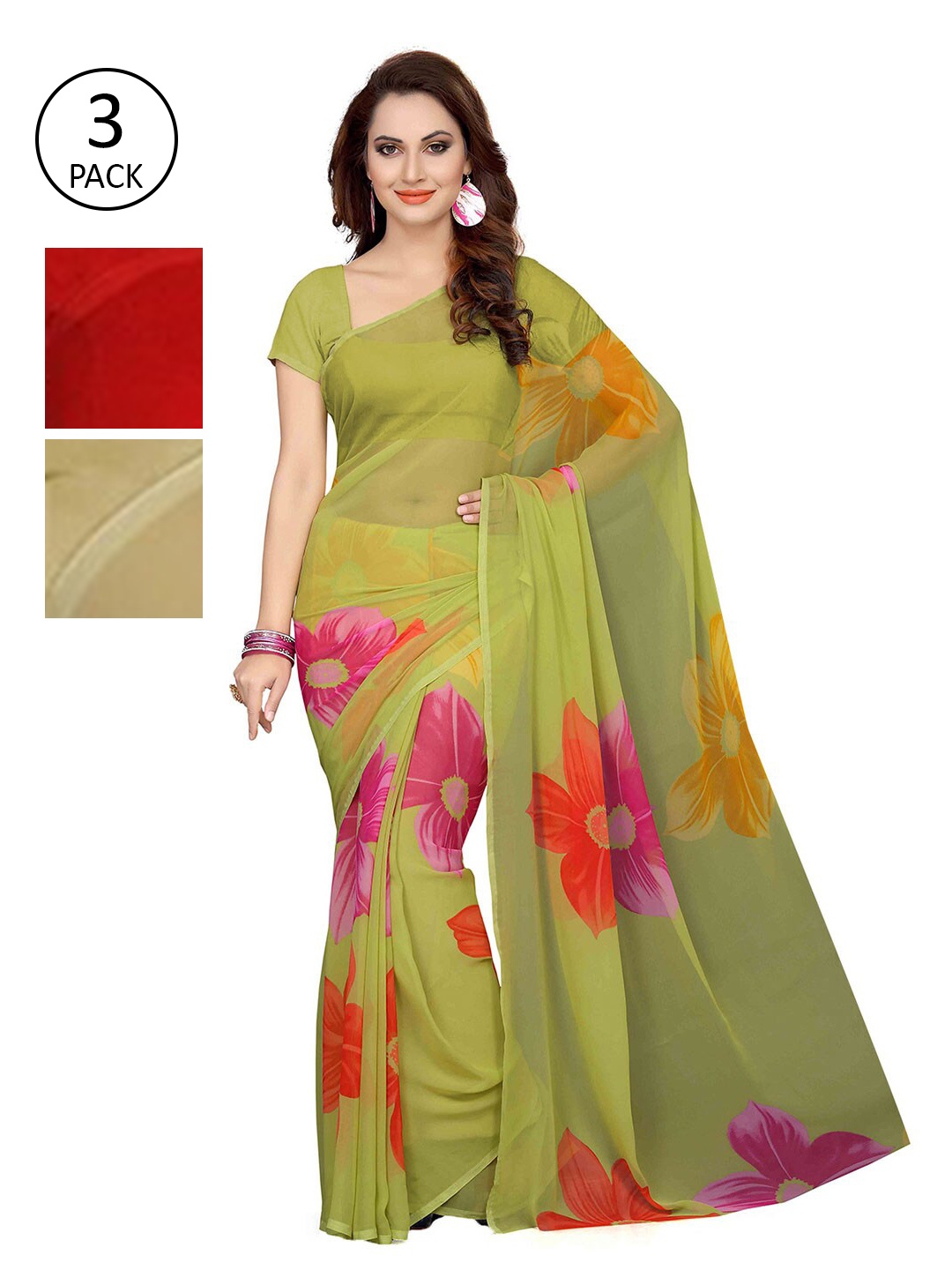 

Ishin Pack of 3 Green & Red Floral Printed Sarees