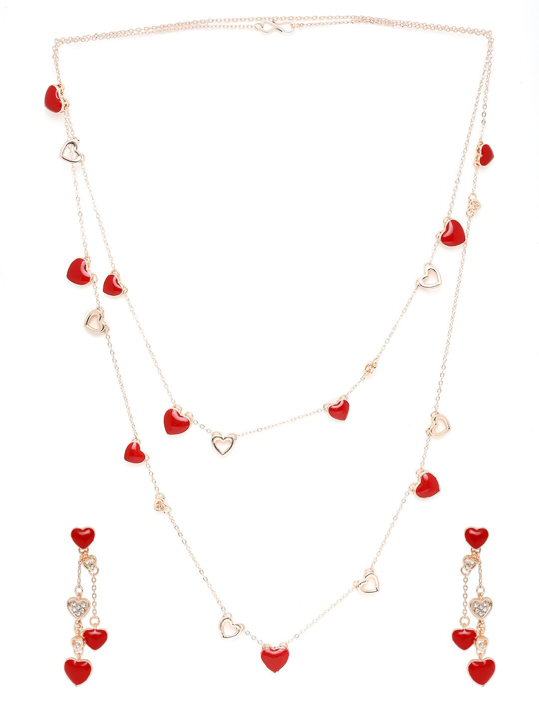 

Mahi Red Rose Gold-Plated Heart Crystas Layered Necklace & Earrings