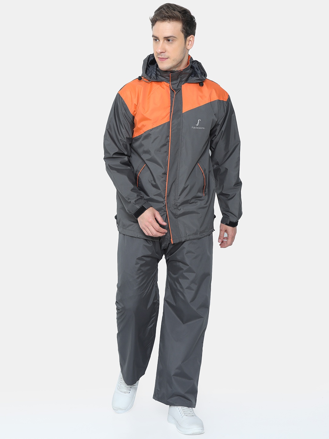 

FabSeasons Unisex Grey & Orange Colorblocked Waterproof Rain Suit