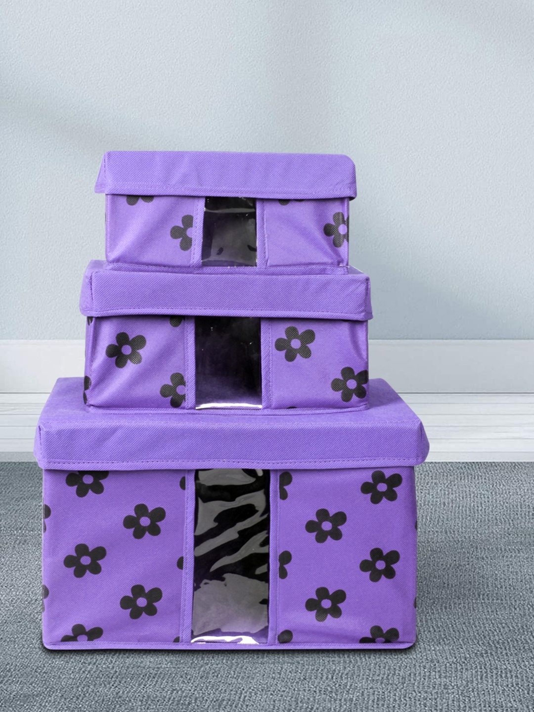 

prettykrafts Set Of 9 Purple Printed Foldable Storage Organisers