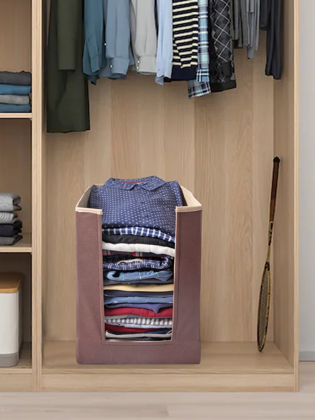 

prettykrafts Brown & Beige Solid Foldable Shirt Stacker Wardrobe Organizer