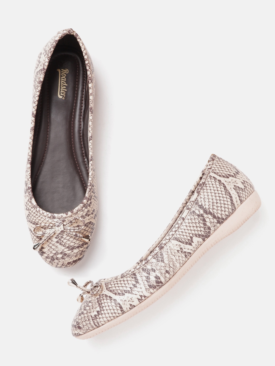 

Roadster Women Beige & Brown Snakeskin Print Ballerinas with Bows Detail
