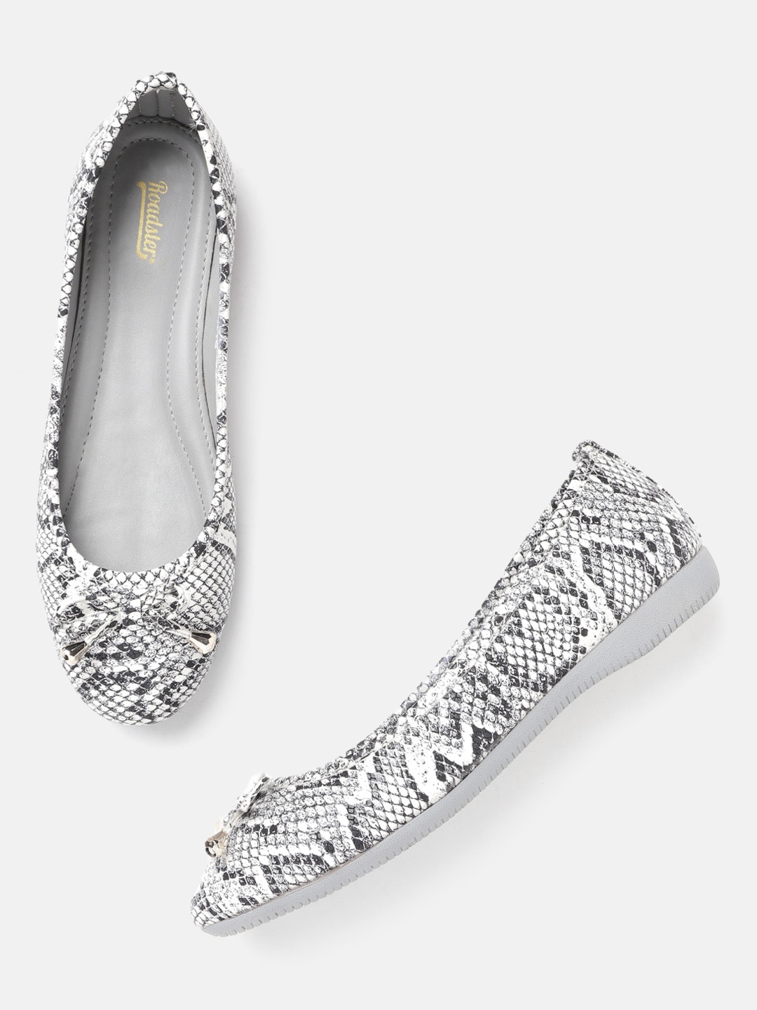 

Roadster Women Black & White Snakeskin Print Ballerinas with Bows Detail