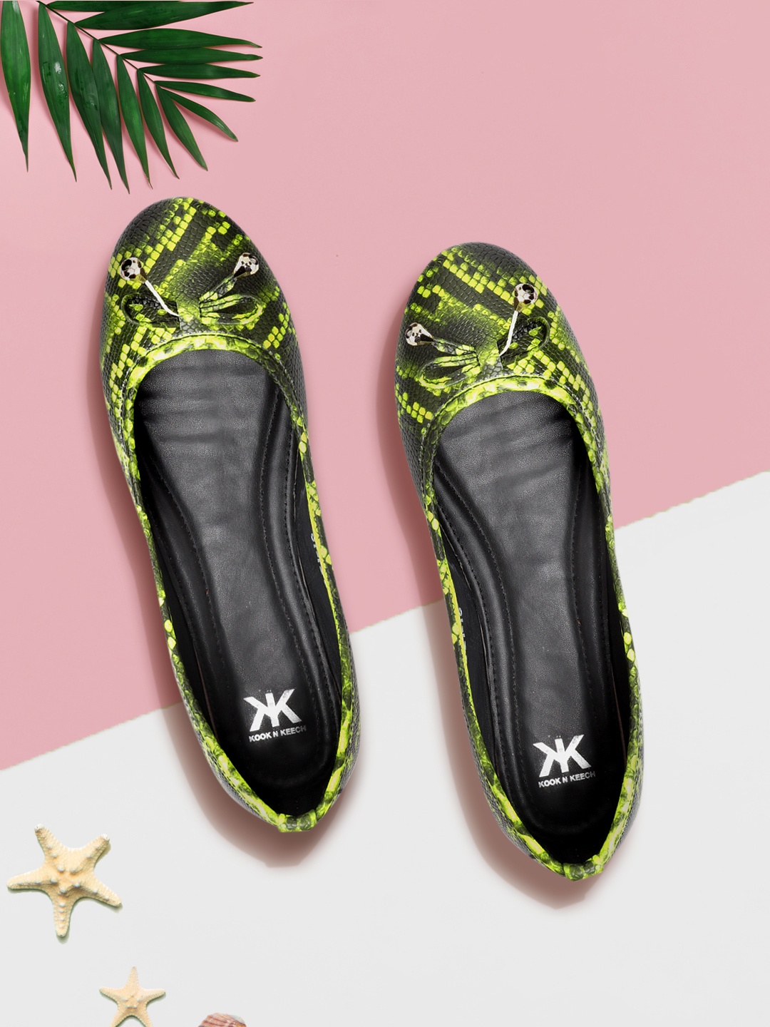 

Kook N Keech Women Black & Fluorescent Green Snakeskin Textured Ballerinas with Bow Detail