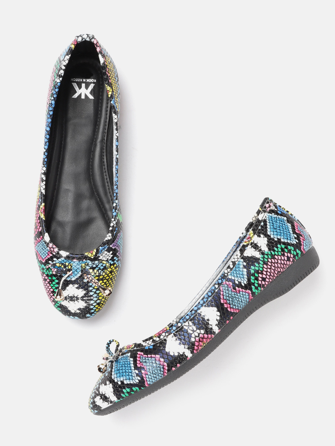 

Kook N Keech Women Multicoloured Snakeskin Textured Ballerinas with Bow Detail, Multi