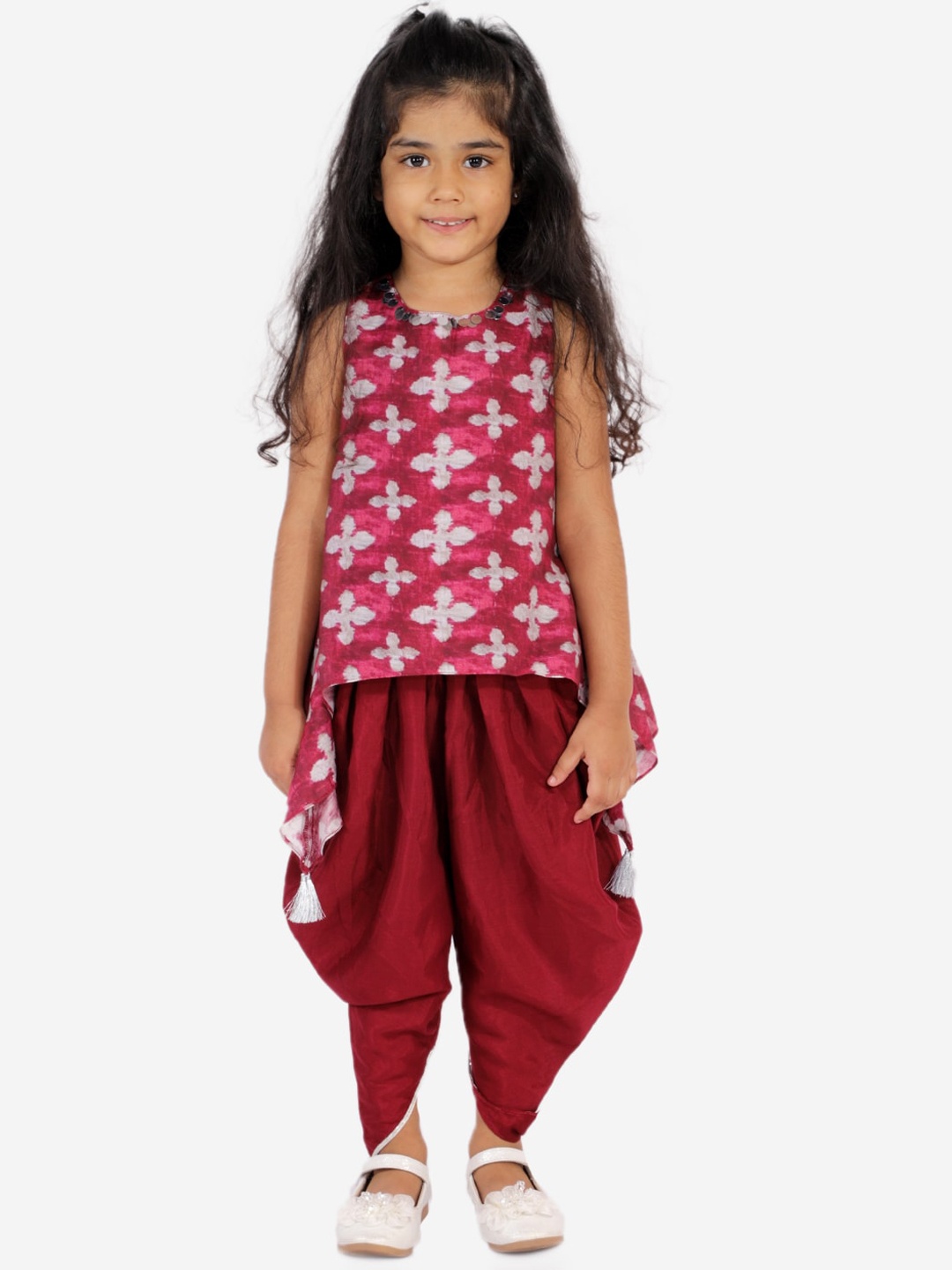 

LIL DRAMA Girls Maroon Floral Printed Regular Pure Cotton Kurti with Dhoti Pants